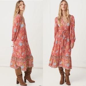Spell Bohemian Floral Long Sleeve Dress in Coral and Blue